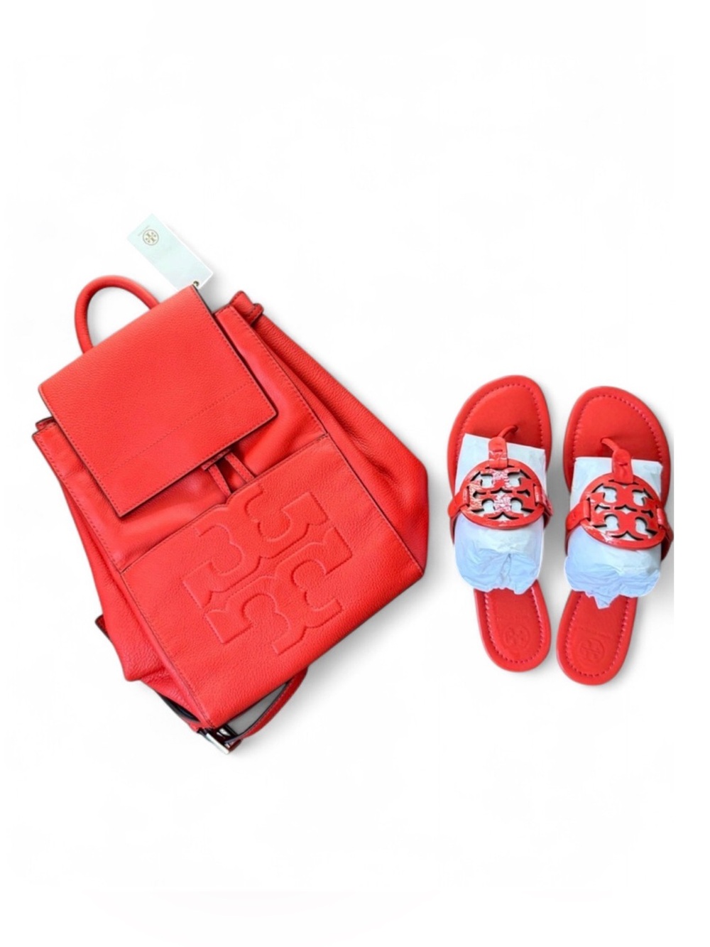 RARE Tory Burch Poppy Red Bombe-T Backpack + Miller Sandals 10.5 Set
